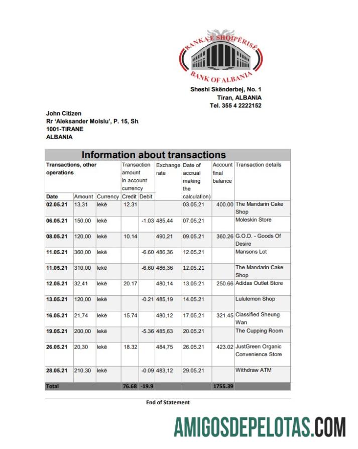 Modelo realista de extrato bancário do Banco da Albânia em Excel e formato PDF
